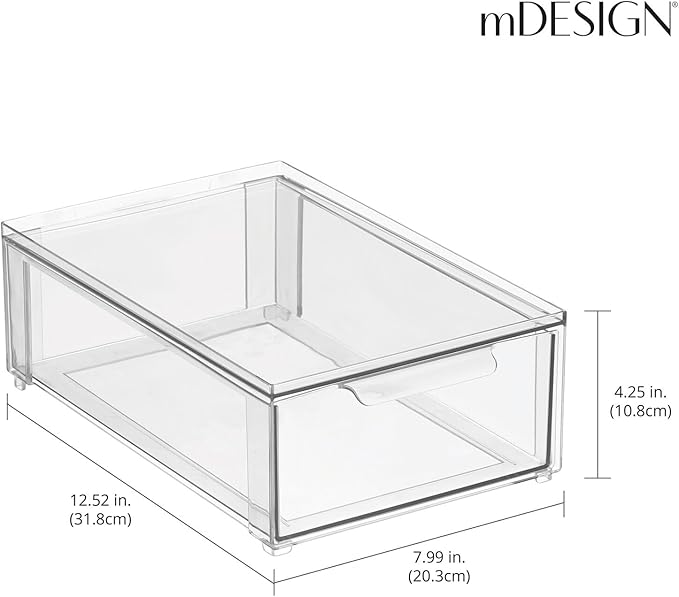 mDesign Plastic Stackable Bathroom Storage Organizer Bin Containers with Front Pull Drawer for Bathroom Countertop, Vanity, Closet Shelves - Holder for Beauty Accessories - Lumiere Collection - Clear