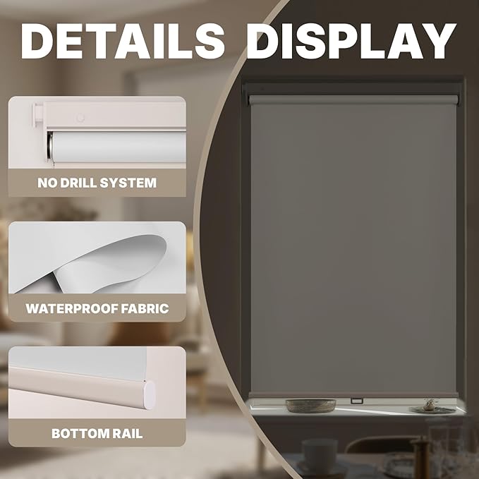 HESTIA No Drill Cordless Blackout Roller Shades Screwless Waterproof Shower Window Blinds, Auto-Retraction Easy Install Blind for Bathroom/Kitchen/Office/Exterior, White, 24" W x 54" H