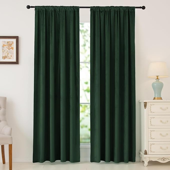 nanbowang Dark Green Velvet Curtains - 42 Inches Width 96 Inches Long Soft Curtain Rod Pocket Thermal Insulated Window Treatment for Bedroom 2 Panels