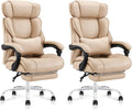 COLAMY Office Chair with Retractable Footrest, Ergonomic High Back Design Executive Computer Desk Chair with Removable Lumbar Pillow, 90-135°Reclining, Thick Bonded Leather, 2 PCs, Khaki