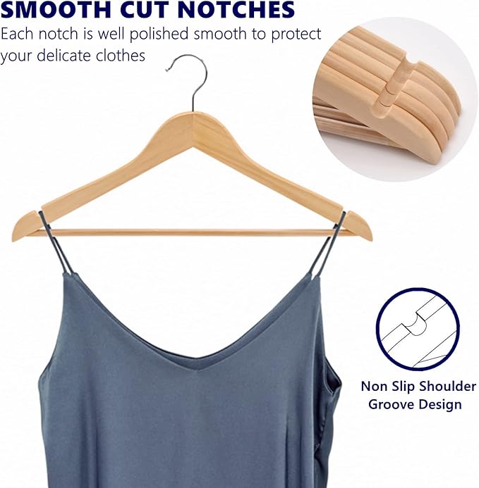 Amber Home 20 Pack Wooden Coat Hangers, Natural Wood Suit Hangers with Non Slip Pant Bar, Clothes Hangers for Shirts, Jackets, Dress, Pant (Natural, 20)