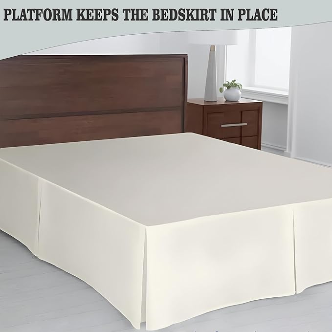 Pleated Bed Skirt Queen Size, 16" Drop with Platform Design for Secure Fit, Split Corners, Wrinkle-Resistant Microfiber for Modern Stylish Look, Tailored Bedding for Hotel Luxury - Ivory