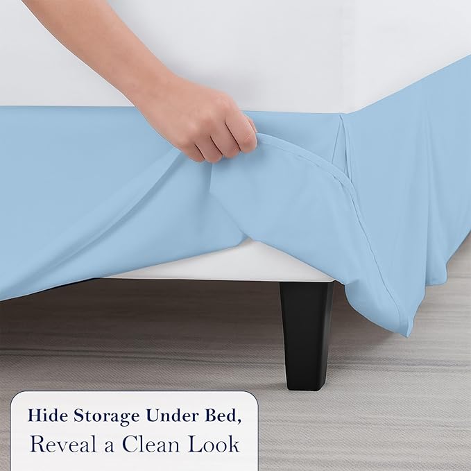King Bed Skirt, Luxury 21 Inch Drop Light Blue Pleated Bed Skirt, Double Brushed Microfiber, Box Pleat Design, Wrinkle & Fade Resistant, Easy Fit Tailored Bedskirt for King Size Beds