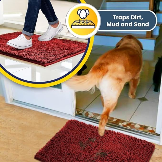 Muddy Mat® | Super Absorbent Door Mat Indoor, Microfiber Quick Dry Chenille Entryway Rug, Non-Slip Front Door Mat, Indoor Mats for Entryway, Machine Washable Pet Rug, Red 36"x60"