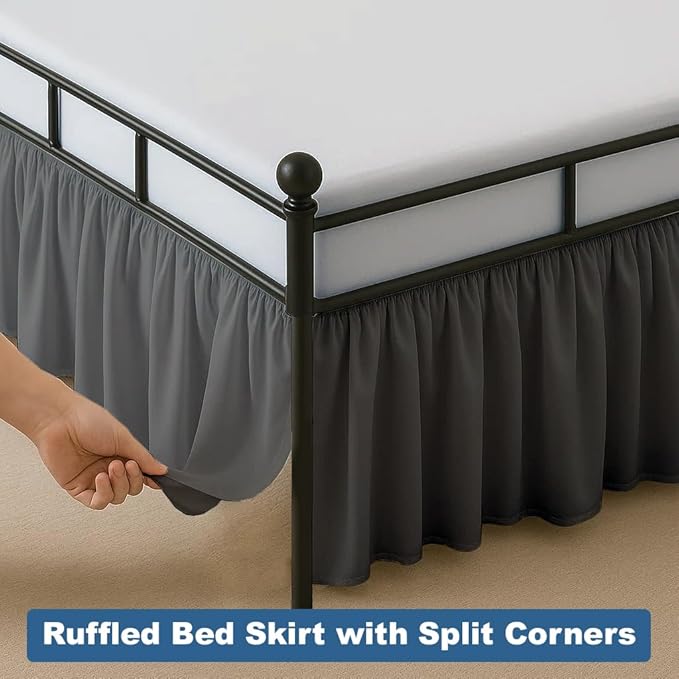Ruffled Bed Skirt Split Corners with Platform, Tailored Fit Hotel Quality Wrinkle Free Ultra-Soft Microfiber Dust Ruffle, Upto 21 Inch Drop, Full, Dark Grey