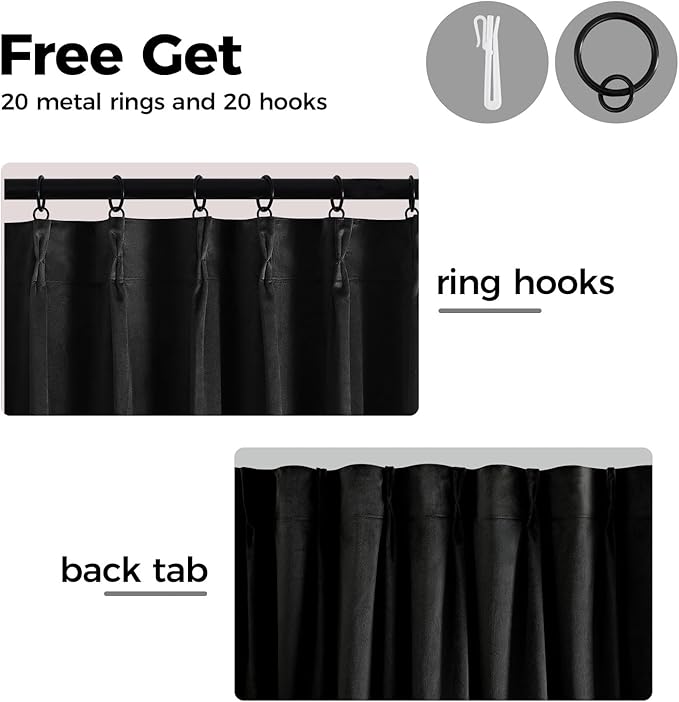 Pinch Pleated 100% Blackout Curtains for Bedroom, Black Velvet Curtains for Living Room, Black Out Curtain 84 inch Long Room Darkening, Blackout Pinch Pleat Drapes with Hooks 2 Panels