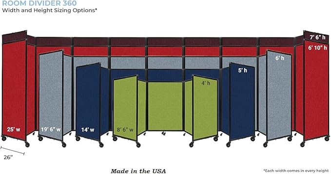 Versare Room Divider 360 Portable Wall Partition | Folding Panels | Large Freestanding Divider | Locking Wheels | Temporary Room Separator