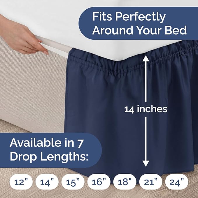 Wrap Around Dust Ruffle Bed Skirt - Navy Blue - for Twin Size Beds w/ 14 Inch Drop - Easy Fit Elastic Strap - Adjustable Pleated Bedskirt with Brushed Fabric, Wrinkle Free Women, Men, Kids and Teens