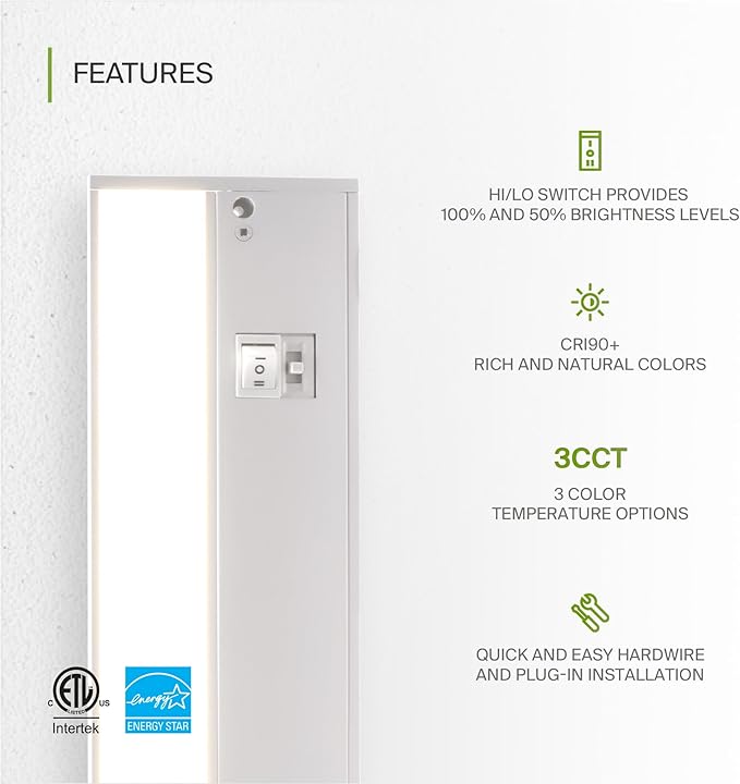 ASD 18 Inch LED Under Cabinet Lighting Plug in or Hardwired, High/Low/Off Switch, 8W 120V 3 CCT 2700K/3000K/4000K CRI90+, Triac Dimmable Linkable Under Counter Lights for Kitchen, ETL Listed, White