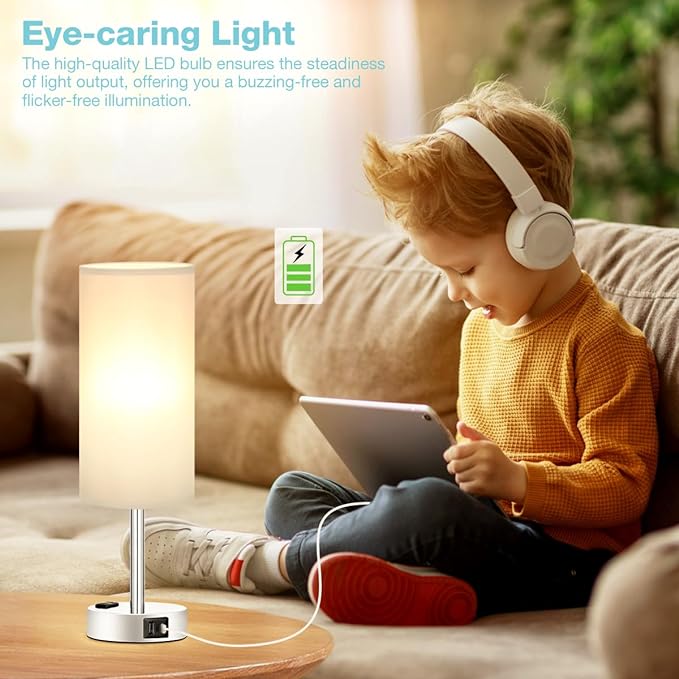 Fenmzee Light Grey Table Lamp for Nightstand - 3 Way Dimmable Touch Bedside Lamp USB C and A Charging Ports and AC Outlet, Small Desk Lamp with Silver Base for Office Nursery, LED Bulb Included