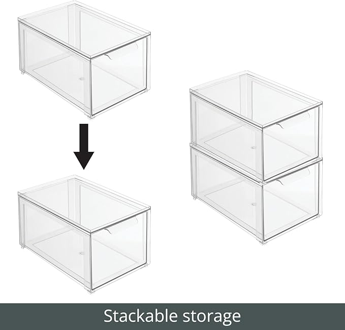 mDesign Plastic Stackable Bathroom Storage with Pull Out Bin Organizer Drawer for Cabinet, Vanity, Shelf, Cupboard, Cabinet, or Closet Organization - Lumiere Collection - 4 Pack - Clear