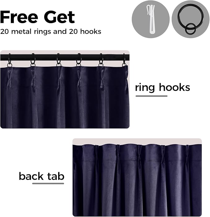 Pinch Pleated 100% Blackout Curtains for Bedroom, Navy Blue Velvet Curtains for Living Room, Black Out Curtain 96 inch Long Room Darkening, Blackout Pinch Pleat Drapes with Hooks 2 Panels