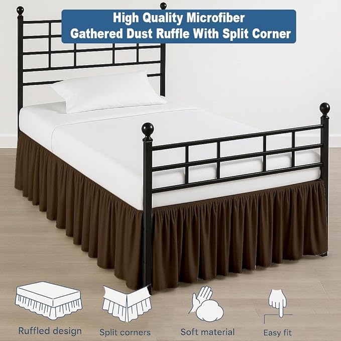 Ruffled Bed Skirt Split Corners with Platform, Tailored Fit Hotel Quality Wrinkle Free Ultra-Soft Microfiber Dust Ruffle, Upto 21 Inch Drop, King, Chocolate