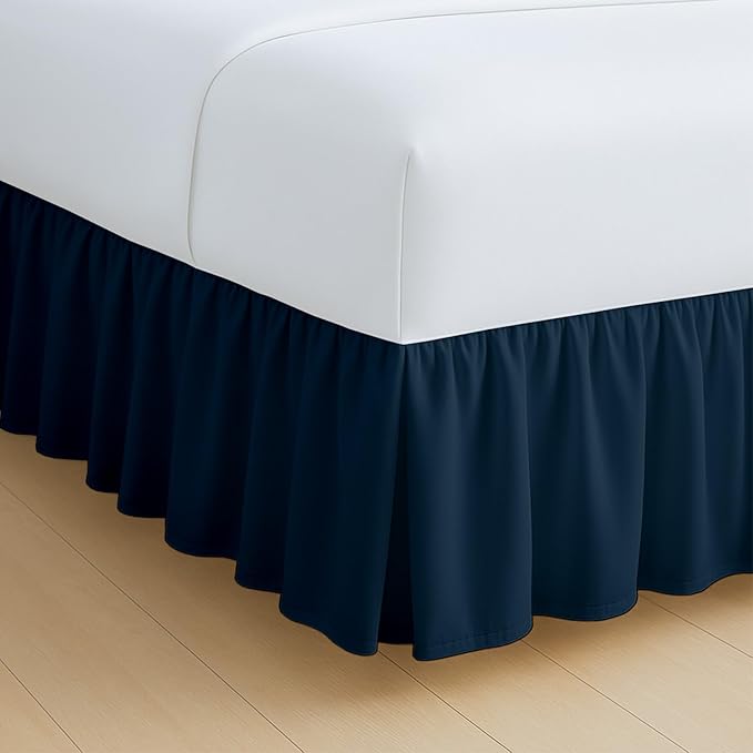 Rajlinen Ruffled Bed Skirt Full, 15 Inch Drop Dust Ruffle with Split Corners, 100% Microfiber Bedskirt with Platform, Three-Sided Coverage Ruffled Gathering Design, Navy Blue