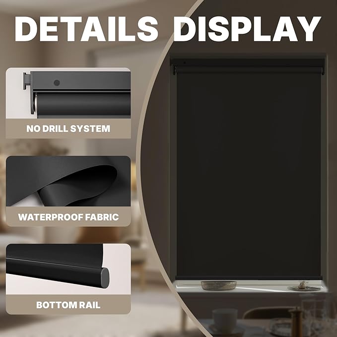 HESTIA No Drill Cordless Blackout Roller Shades Screwless Waterproof Shower Window Blinds, Auto-Retraction Easy Install Blind for Bathroom/Kitchen/Office/Exterior, Black, 23.5" W x 72" H