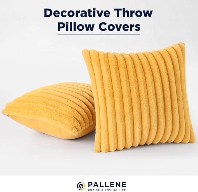 Pallene Faux Fur Plush Throw Pillow Covers 20x20 Set of 2, Luxury Soft Fluffy Striped Decorative Pillow Covers for Sofa, Couch, Living Room, Mustard Yellow