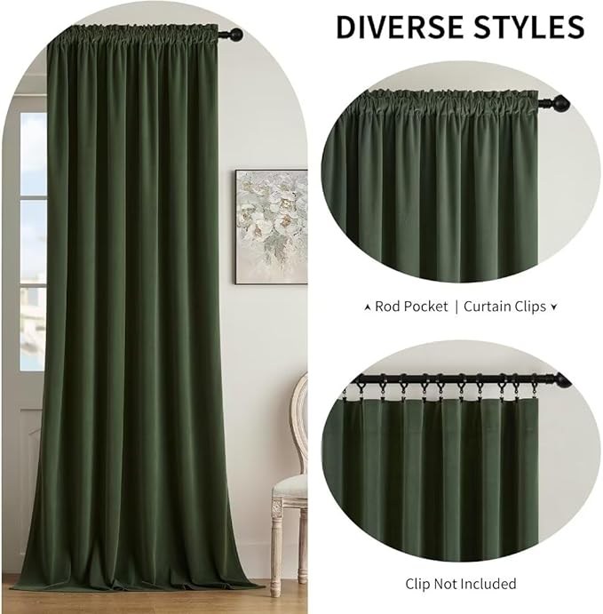 Joydeco Dark Olive Velvet Curtains 90 inch Length 2 Panels, Luxury Blackout Rod Pocket Thermal Insulated Window Curtains, Super Soft Room Darkening Drapes for Living Room Bedroom,W52 x L90 inches