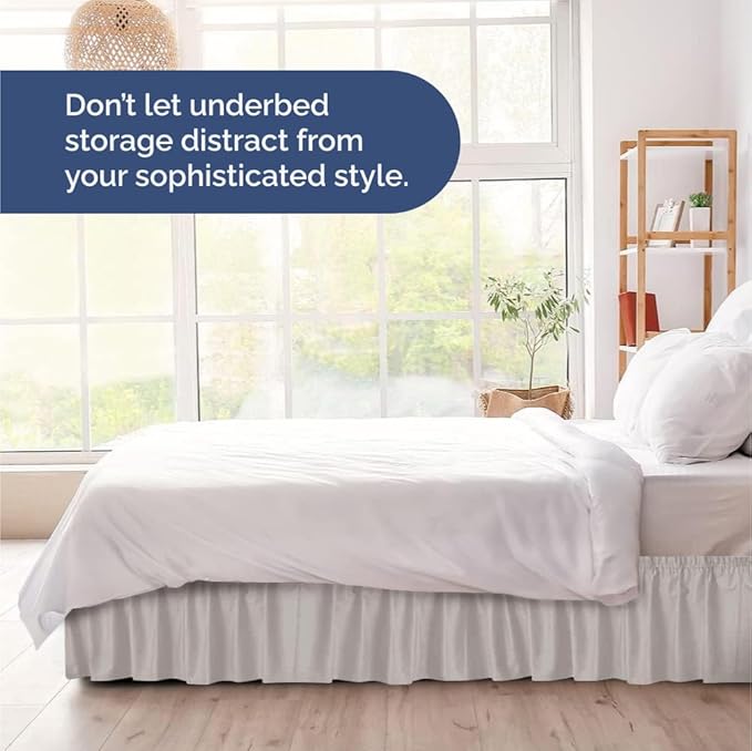 Wrap Around Dust Ruffle Bed Skirt - Light Grey - for Full Size Beds with 12 Inch Drop - Elastic Strap - Adjustable Pleated Bedskirt with Brushed Fabric and Wrinkle Free - for Women, Men, Kids & Teens