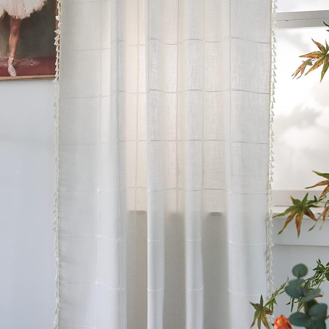 Sutuo Home Boho Curtain for Bedroom 84 Inch Length, Light Filtering Country Farmhouse Vintage Chic Tassels Window Treatment Bohemian Grid Drape for Decor 1 Panel 52" W x 84" L, Cream White Plaids