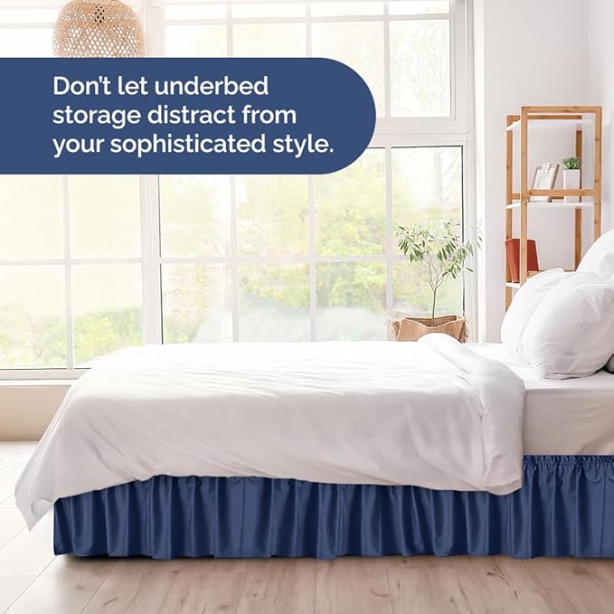 Wrap Around Dust Ruffle Bed Skirt - Navy Blue - for Twin Size Beds w/ 14 Inch Drop - Easy Fit Elastic Strap - Adjustable Pleated Bedskirt with Brushed Fabric, Wrinkle Free Women, Men, Kids and Teens