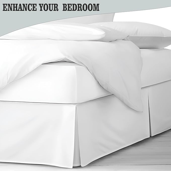 Pleated Bed Skirt King Size, 16" Drop with Platform Design for Secure Fit, Split Corners, Wrinkle-Resistant Microfiber for Modern Stylish Look, Tailored Bedding for Hotel Luxury - White