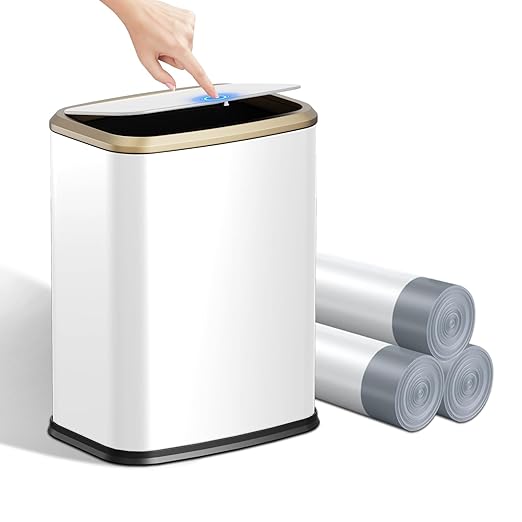 2.1 Gallon Bathroom Trash Can with Lid Press Top, 8 Liter Stainless Steel Garbage Can with Press Type Lid, Slim Trash Bin Waste Basket for Toilet, Office, Bedroom, Living Room (White)