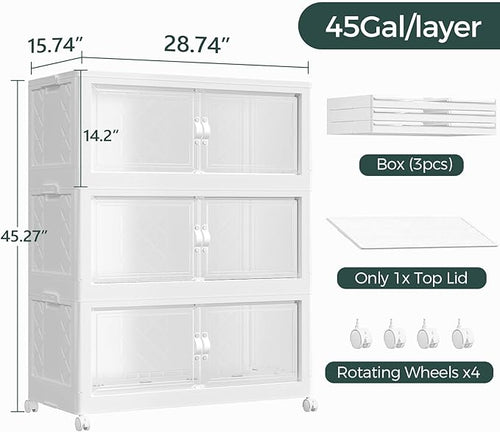135Gal Stackable Storage Bins with Lid, 540Qt Extra Large Collapsible Storage Box with Doors and Wheels, Plastic Closet Organizer and Storage Cabinet Drawer For Home Kitchen, 3Pack White