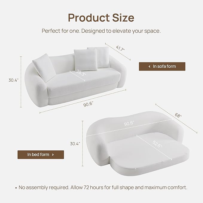 SICOTAS 90.6" Curved Convertible Sofa Couch Bed for Living Room Futon Cloud Boneless Sleeper Sofa Pull Out Floor Couch with Deep Seat Modern 3 Seater Foam Bed No Assembly for Bedroom Apartment, White