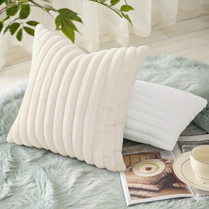 decorUhome Faux Fur Spring Throw Pillow Covers 18x18 Set of 2, Decorative Soft Plush Striped Neutral Couch Pillow Covers with Velvet Back for Sofa, Bed, Living Room Home, Cream White