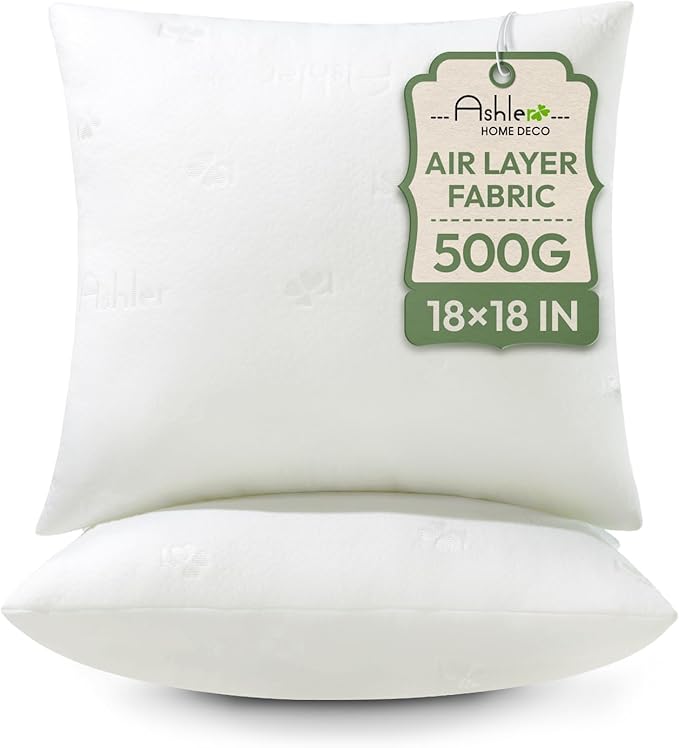 Ashler Throw Pillows Insert- 18x18 Pillow Inserts with Air Layer, Premium Bed and Couch Pillows - Indoor Decorative Throw Pillow, Square Cushion Sham Stuffer, Pack of 2, White