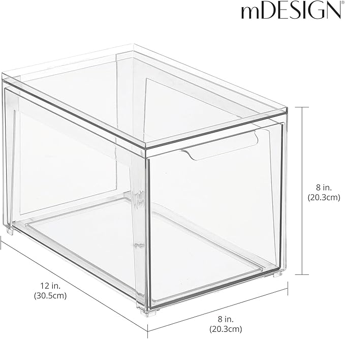 mDesign Plastic Stackable Bathroom Storage with Pull Out Bin Organizer Drawer for Cabinet, Vanity, Shelf, Cupboard, Cabinet, or Closet Organization - Lumiere Collection - Clear