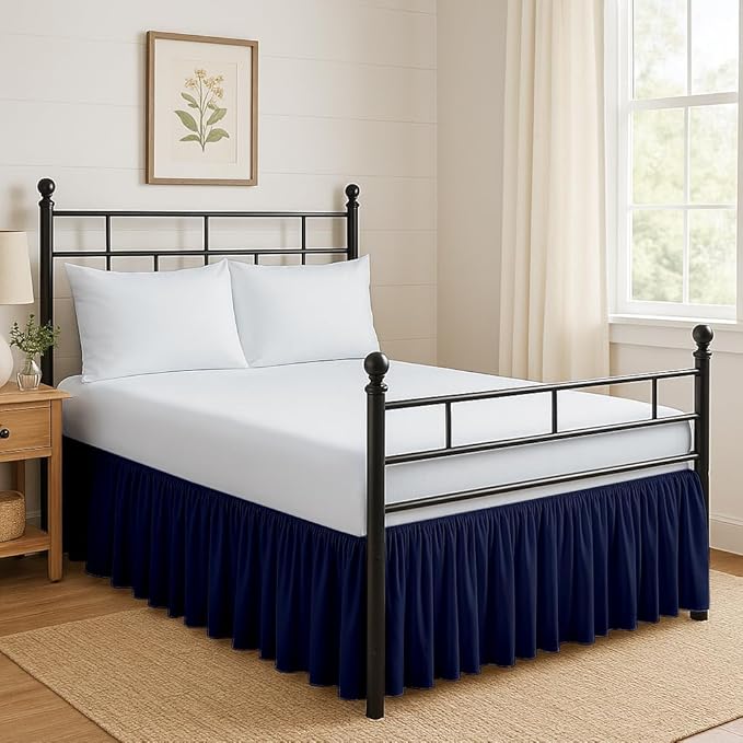 Ruffled Bed Skirt Split Corners with Platform, Tailored Fit Hotel Quality Wrinkle Free Ultra-Soft Microfiber Dust Ruffle, Upto 16 Inch Drop, Queen, Navy Blue