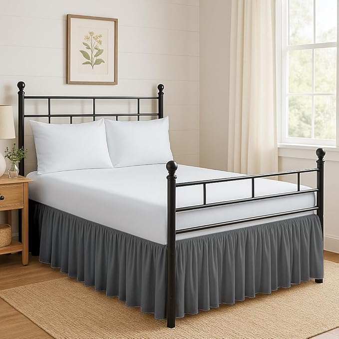Ruffled Bed Skirt Split Corners with Platform, Tailored Fit Hotel Quality Wrinkle Free Ultra-Soft Microfiber Dust Ruffle, Upto 12 Inch Drop, Full XL, Dark Grey