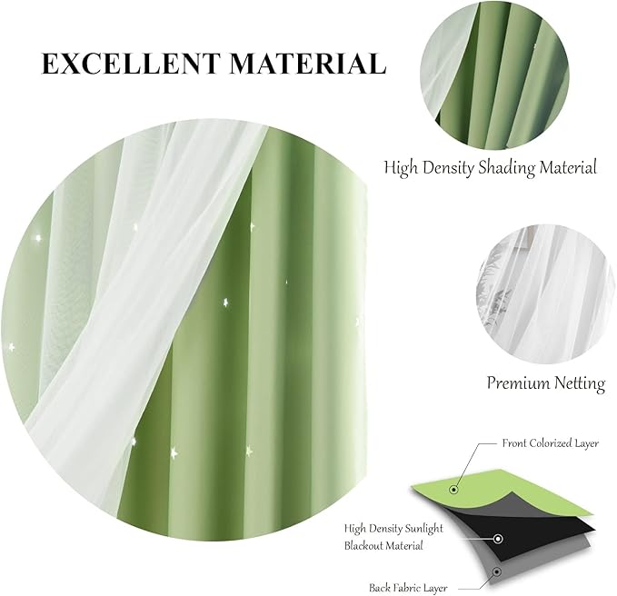 Stars Curtains Double Layer Blackout Bedroom Kids Cute Curtains, 63 Inches Long 2 Panels Set, Green 52 X Inches, × in