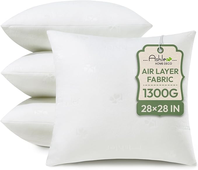 Ashler Throw Pillow Inserts 28 x 28 Inches Set of 4, Indoor Decorative Pillows, Soft and Firm Pillows with Air Layer, Square Cushion Sham Stuffer for Couch and Living Room