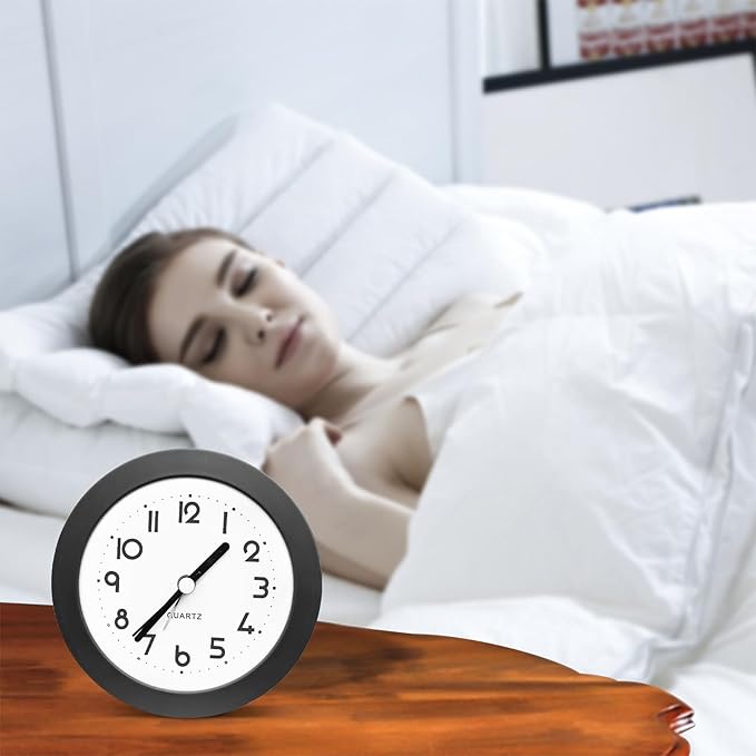 Alarm Clock with Backlight, 4 Inches Cute Analog Round Digital Quartz Clock, Non Ticking, Battery Operated,Simply Design for Living Room, Bedroom,Bedside, Desk Decorative (Black)