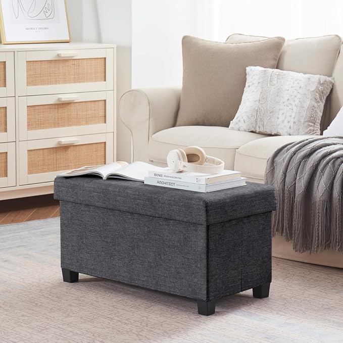 Ornavo Home 30 Inch Storage Ottoman, Large Storage Bench, Ottoman with Storage with Legs, Foot Rest Stool, Bedroom Bench - Dark Gray