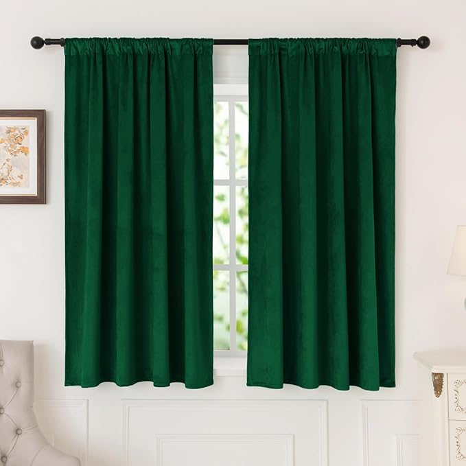 nanbowang Green Velvet Curtains 63 Inches Long Light Blocking Rod Pocket Window Curtain Panels Set of 2 Heat Insulated Curtains Blackout Thermal Curtain Panels for Bedroom 2 Panels