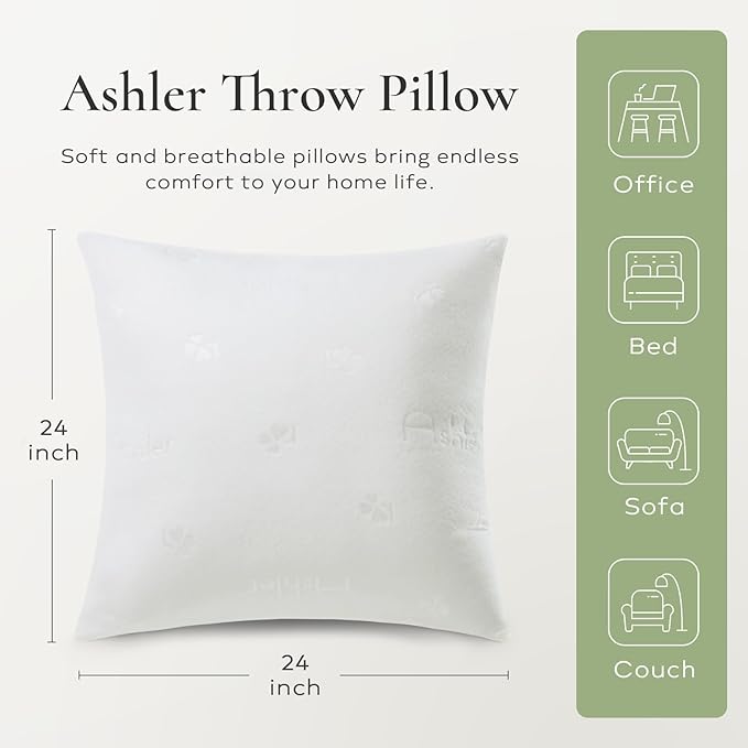Ashler Throw Pillow Inserts- 24x24 Pillow Inserts with Air Layer, Premium Bed and Couch Pillows - Indoor Decorative Throw Pillow, Square Cushion Sham Stuffer, Pack of 2, White