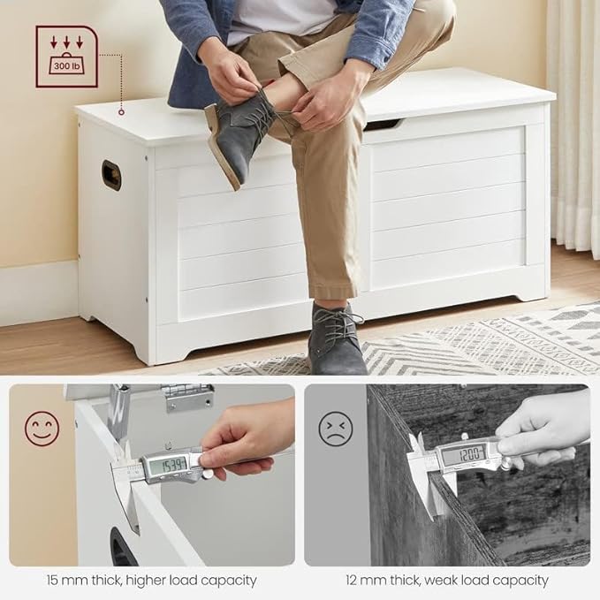 VASAGLE Storage Chest, Storage Bench with 2 Safety Hinges, Farmhouse Style, 15.7 x 39.4 x 18.1 Inches, for Entryway, Bedroom, Living Room, Cloud White ULSB061T10