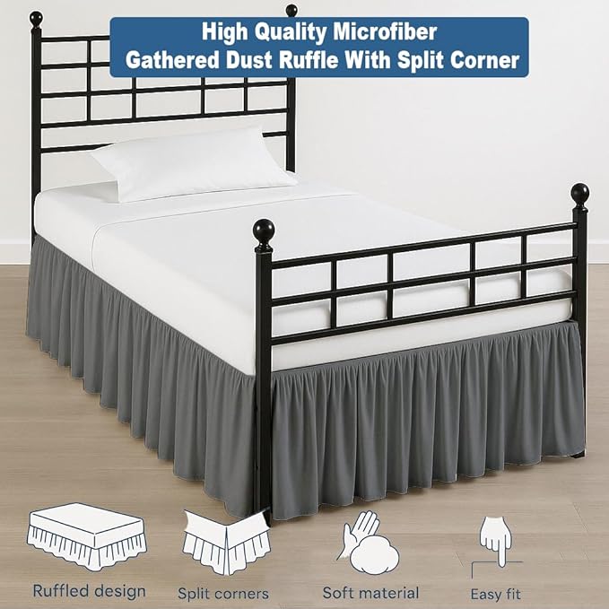 Ruffled Bed Skirt Split Corners with Platform, Tailored Fit Hotel Quality Wrinkle Free Ultra-Soft Microfiber Dust Ruffle, Upto 21 Inch Drop, Full, Dark Grey