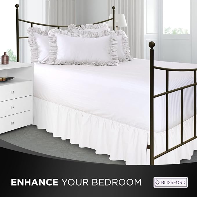 BLISSFORD White Bed Skirt Full Size 21 inch Drop - with Split Corners - Cotton Blend Ruffle Bed Skirt, Dust Ruffle with Platform, White Full Size Bedskirt, Machine Washable