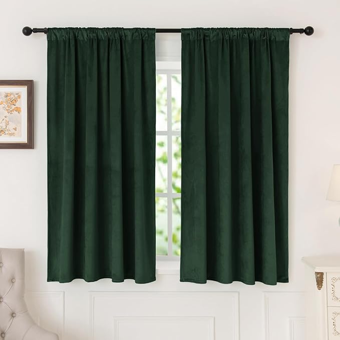 nanbowang Dark Green Velvet Curtains - 42 Inches Width 63 Inches Long Soft Curtain Rod Pocket Thermal Insulated Window Treatment for Bedroom 2 Panels