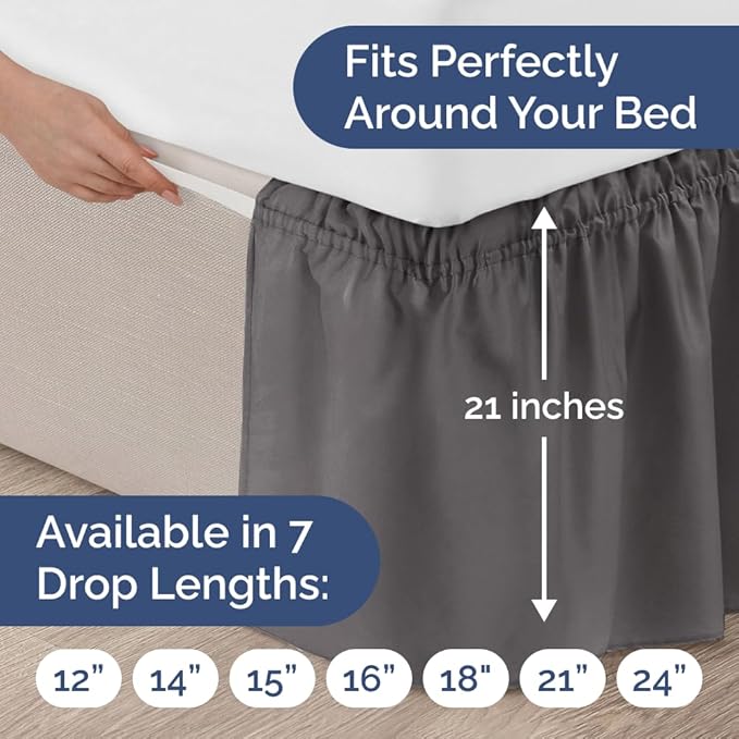 Wrap Around Dust Ruffle Bed Skirt - Dark Grey - for King Size Beds with 21 Inch Drop - Elastic Strap - Adjustable Pleated Bedskirt with Brushed Fabric and Wrinkle Free - for Women, Men, Kids & Teens
