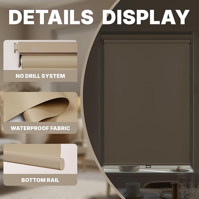 HESTIA No Drill Cordless Blackout Roller Shades Screwless Waterproof Shower Window Blinds, Auto-Retraction Easy Install Blind for Bathroom/Kitchen/Office/Exterior, Greige, 57.5" W x 72" H