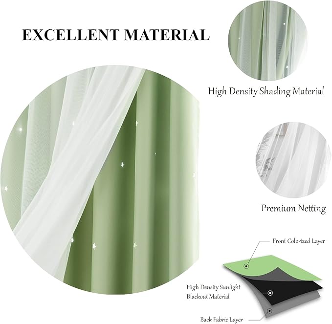 Star Curtains Double Layer Curtains Blackout Curtains for Bedroom Kids Curtains Cute Curtains, Curtains 72 Inches Long 2 Panels Set, Green Curtains, 42 X 72 Inches