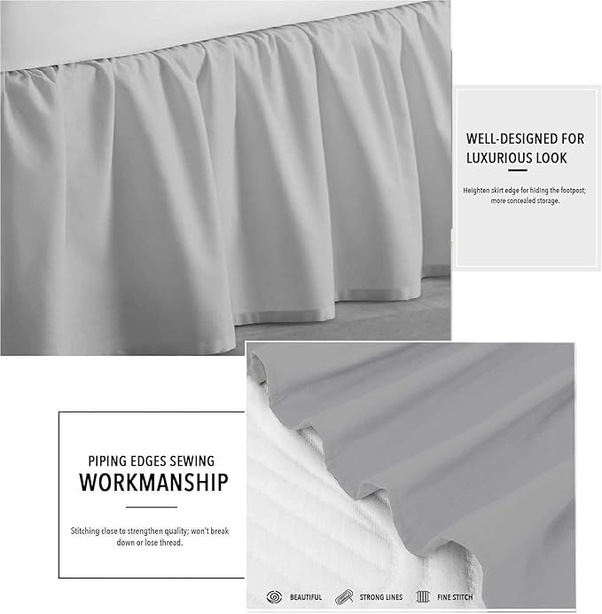 Light Grey Solid Ruffled Bed Skirt Cal-King-24 Inch Drop Split Corner, Microfiber Bedskirt with Platform Three Sided Coverage