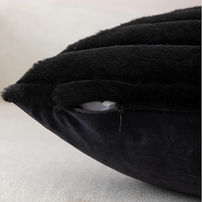 ZLINA Set of 2 Black Faux Fur Decorative Throw Pillow Covers Fluffy Striped Pillowcase Cushion Covers 26 x 26 Inch Decor Sofa Couch Bedroom