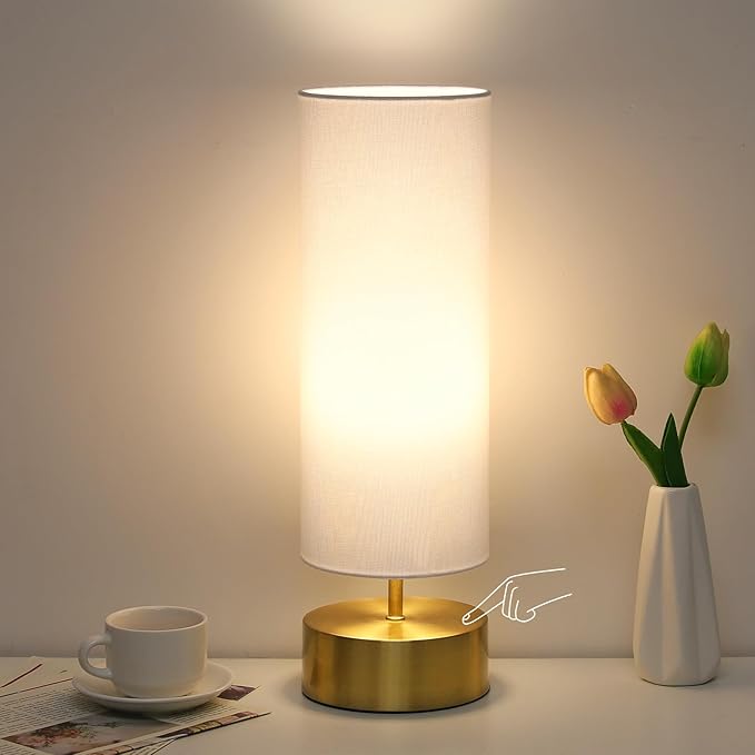 3-Way Dimmable Table Lamp, Touch Control Nightstand Lamp with White Lampshade, Gold Modern Bedside Touch Lamp Simple Side Table Lamp Night Light for Bedroom Living Room Kitchen, LED Bulb Included