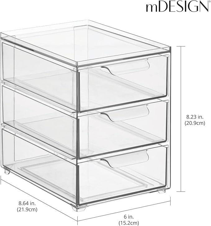 mDesign Plastic Stackable Organizer with 3 Drawers - Pull-Out Drawer Storage Bin for Bathroom Sink/Cabinet Organization - Perfect for Makeup, Small Towels, and More - Lumiere Collection, 2 Pack, Clear